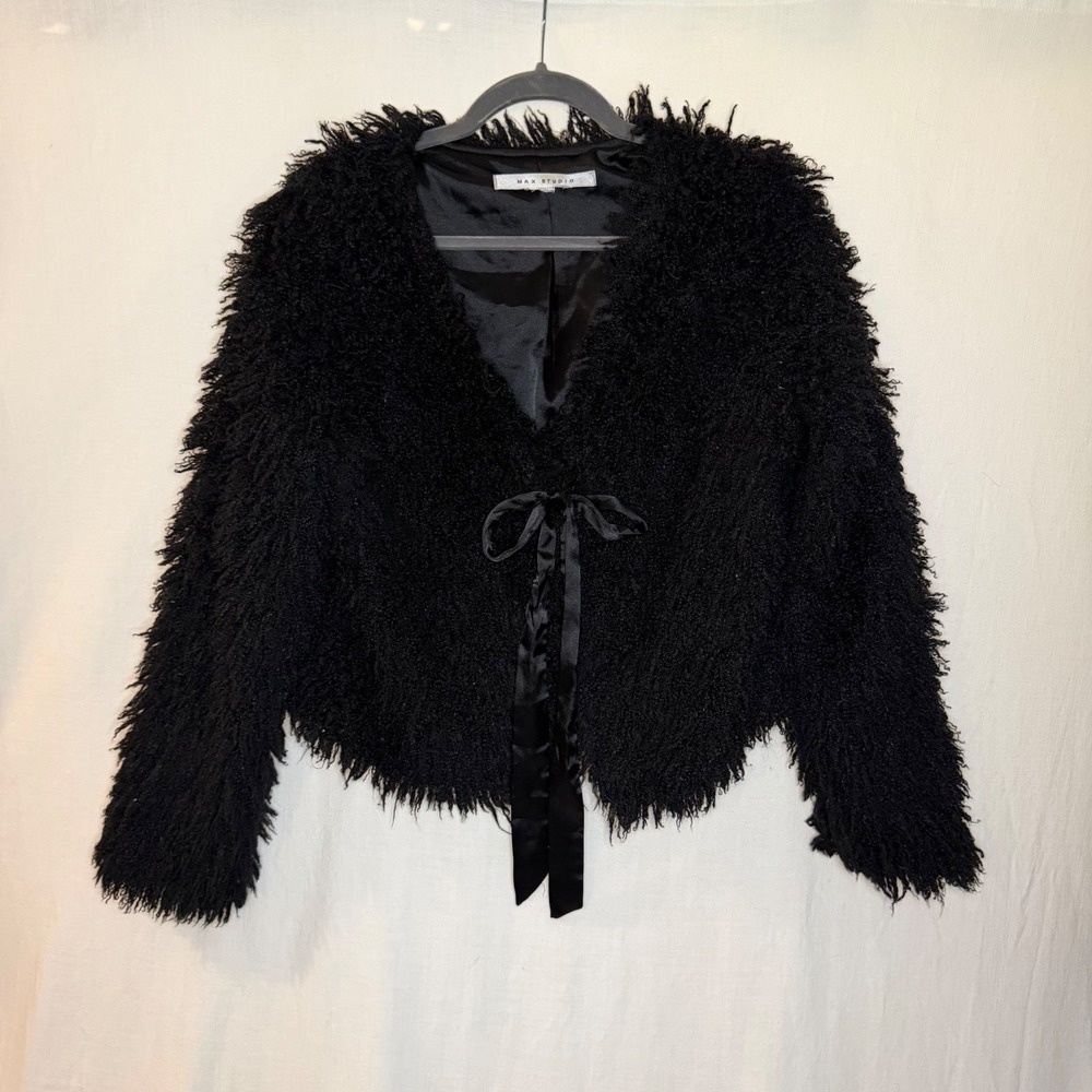 Max Studio Black Shaggy Faux Fur Cropped Jacket Satin Ribbon Tie Bolero Shrug
